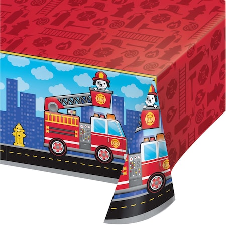 Creative Converting TABLECOVER All Over Print, 54" X 102" Flaming Fire Truck Design Plastic Tablecloth, One Size, Multicolor